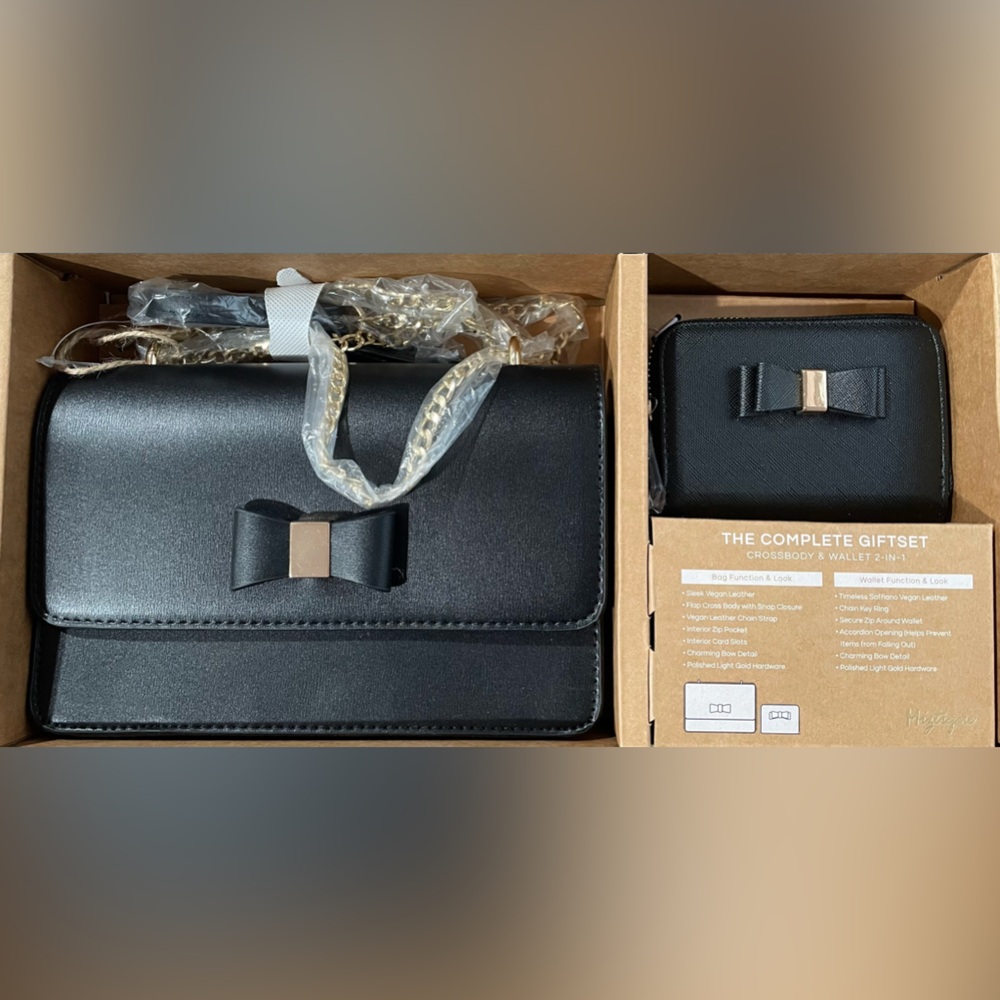 Miztique Black Crossbody Bag and Matching Wallet with Bow Accent Gift Set NWT